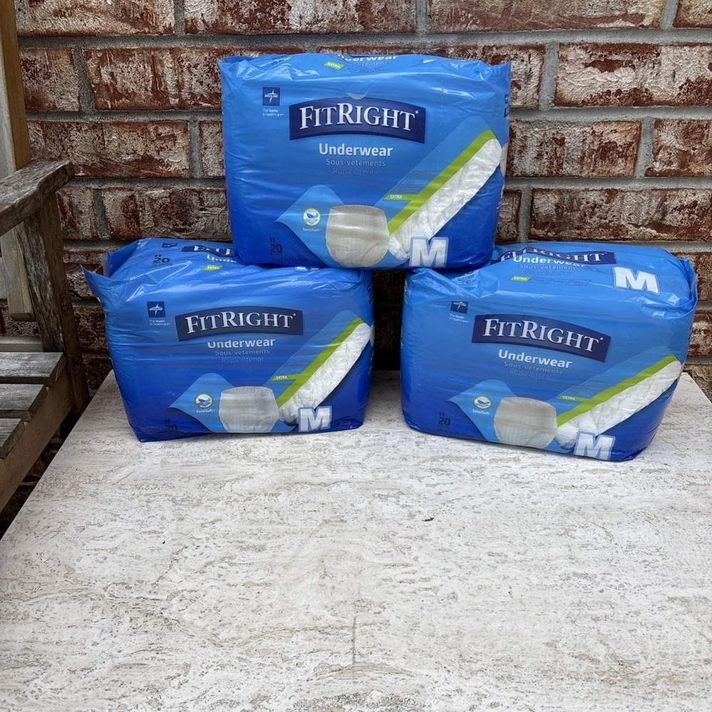 (Lot of 3) FitRight Underwear Extra Absorbency Brief Size‎ Medium 60 Total Count